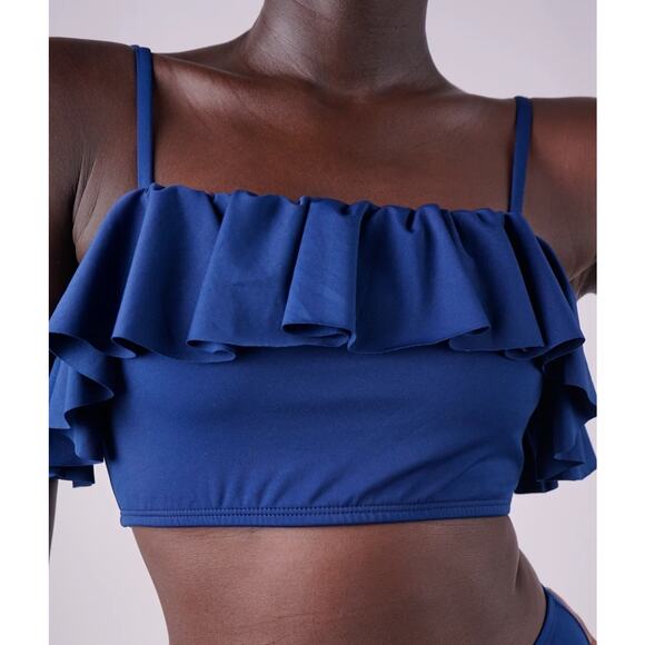 LIBERTY & JUSTICE Toniah Navy Ruffle Adjustable Strap Bikini Top Size SMALL - Picture 7 of 7